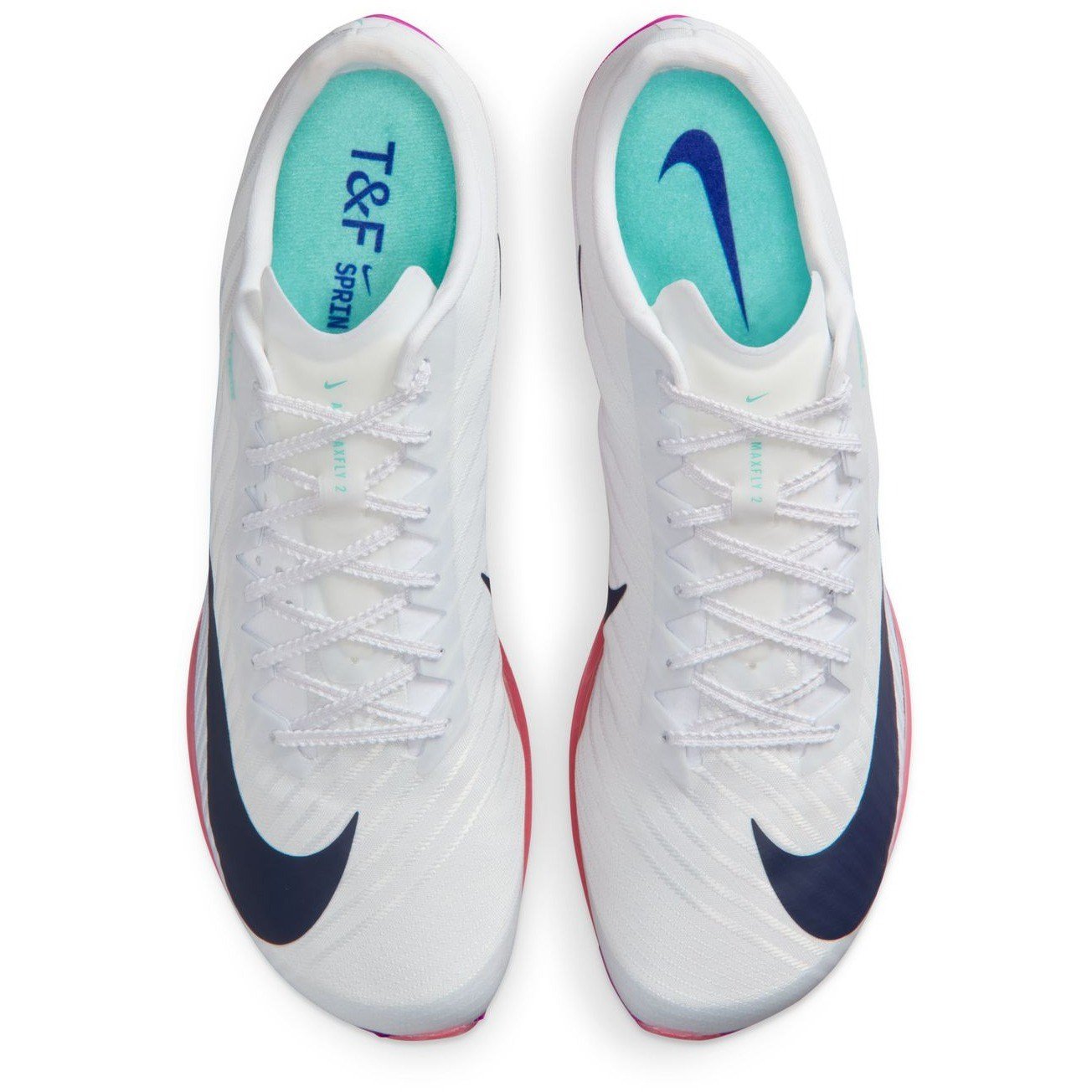 Nike Air Zoom Maxfly 2 - Unisex Track Sprint Spikes - White/Obsidian/Bright Crimson/Hyper Turq