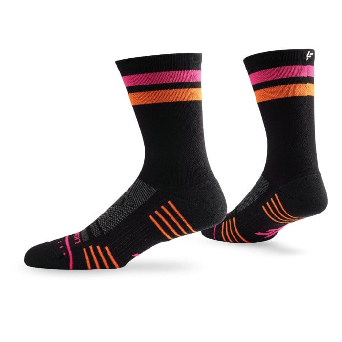 Lightfeet Performance 2 Stripes Unisex Crew Running Socks - Black Fluro/Pink Fluro/Orange