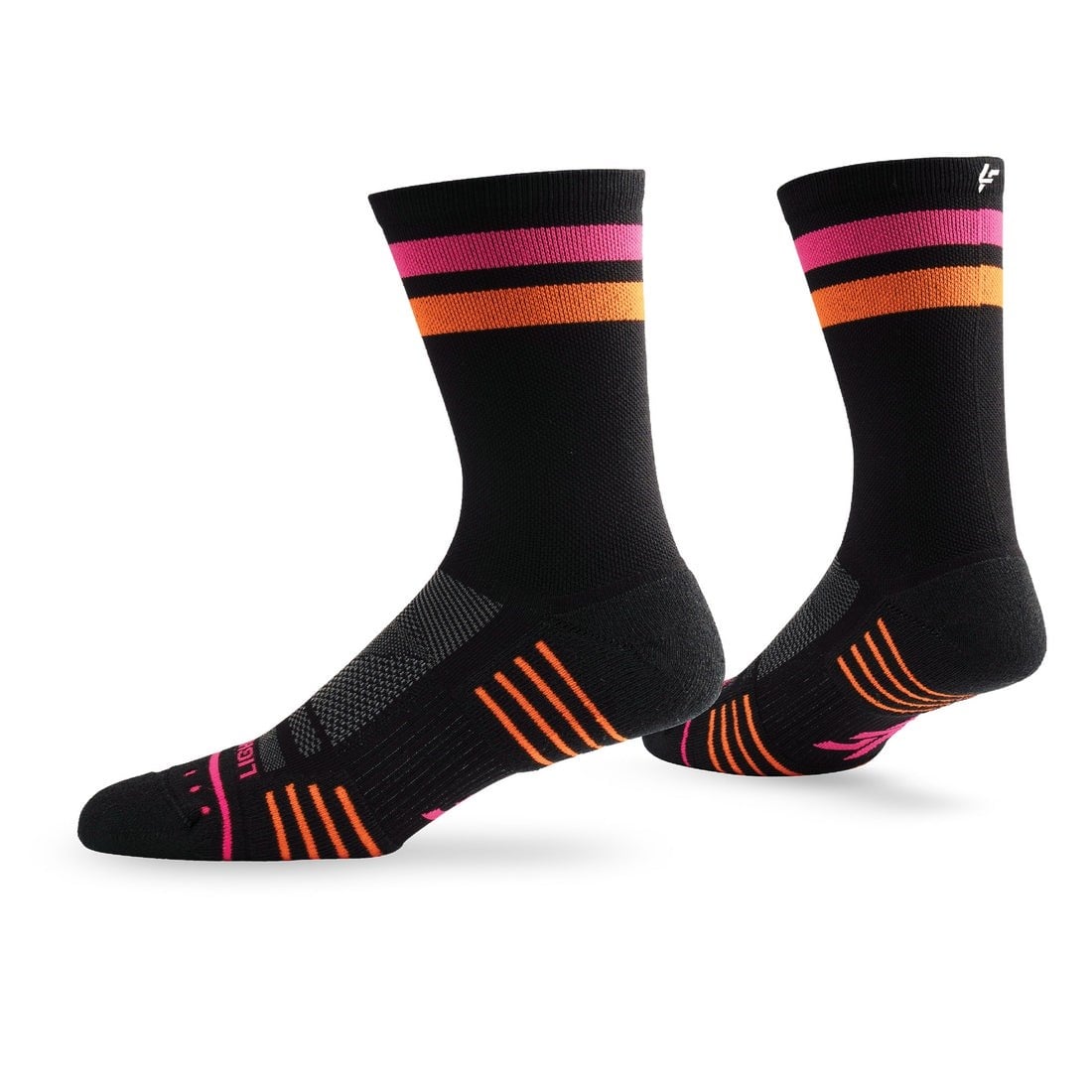 Lightfeet Performance 2 Stripes Unisex Crew Running Socks - Black Fluro/Pink Fluro/Orange