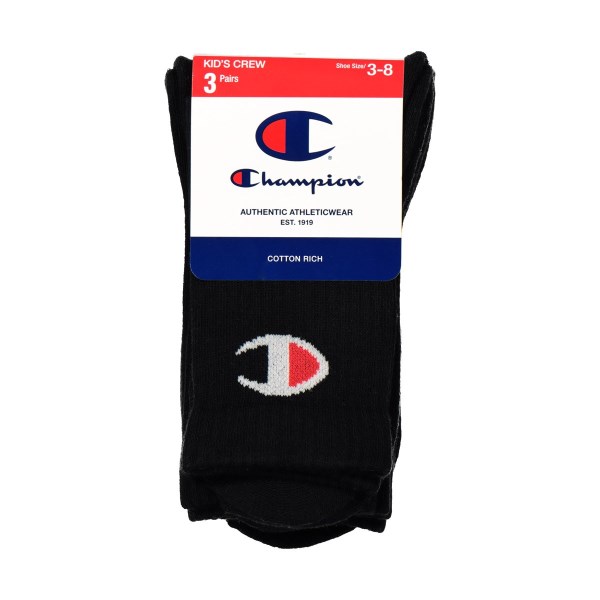 Champion C Logo Kids Crew Socks - 3 Pack - Black
