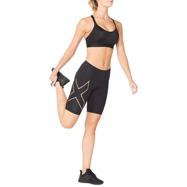 2XU Light Speed Mid-Rise Womens Compression Shorts - Black/Gold/Reflective Silver