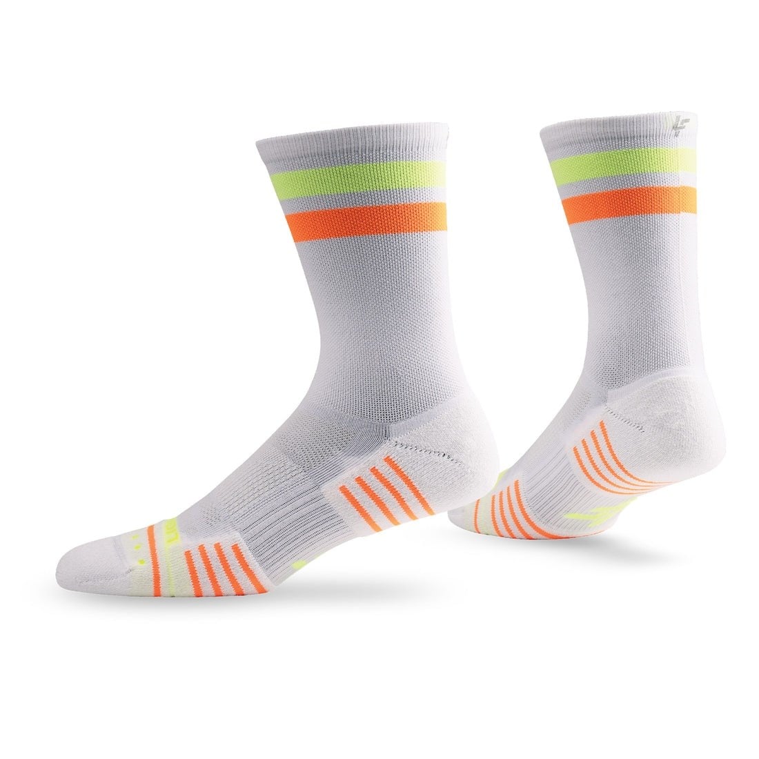 Lightfeet Performance 2 Stripes Unisex Crew Running Socks - White/Fluro Yellow/Orange