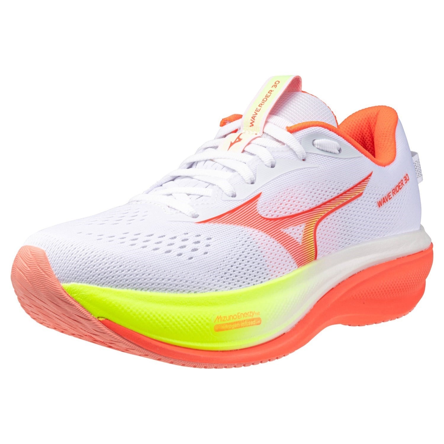 Mizuno Wave Rider 30 - Womens Running Shoes - White/Flamingo Coral/Lime Pulp - image 7