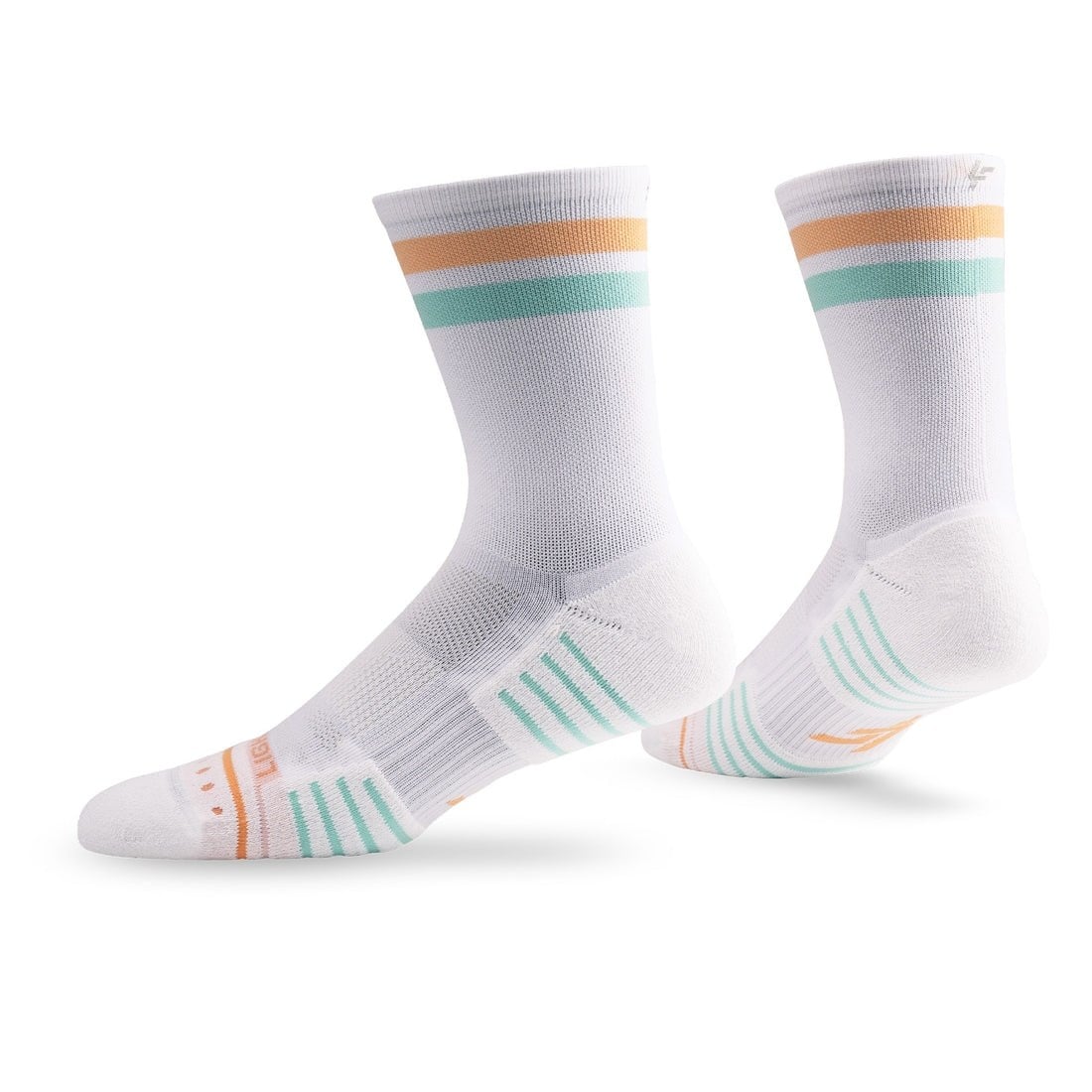 Lightfeet Performance 2 Stripes Unisex Crew Running Socks - White/Coral/Glacier Blue