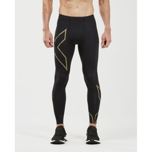 2XU MCS Light Speed Run Mens Compression Tights With Back Storage - Black/Gold Reflective