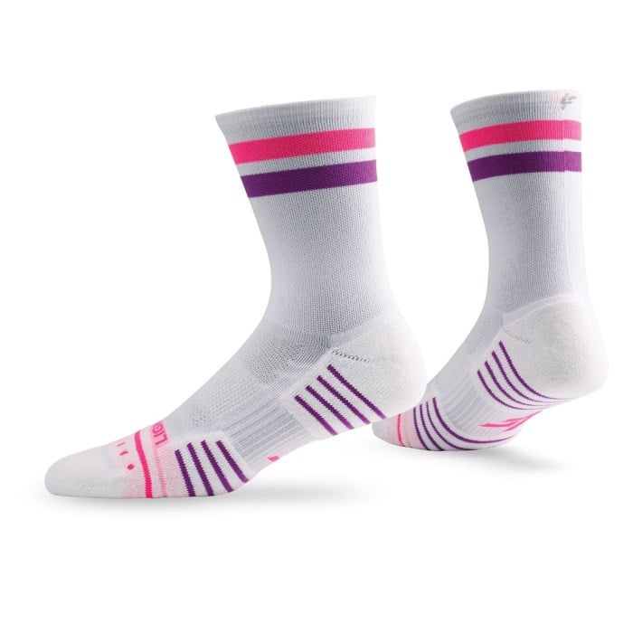 Lightfeet Performance 2 Stripes Unisex Crew Running Socks - White/Fluro Pink/Purple