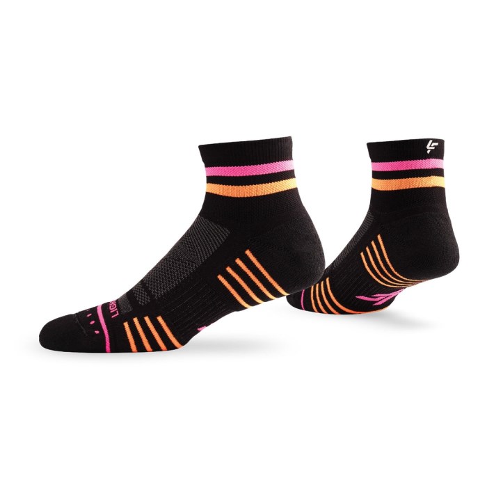 Lightfeet Performance 2 Stripes Unisex Quarter Running Socks - Black Fluro/Pink Fluro/Orange