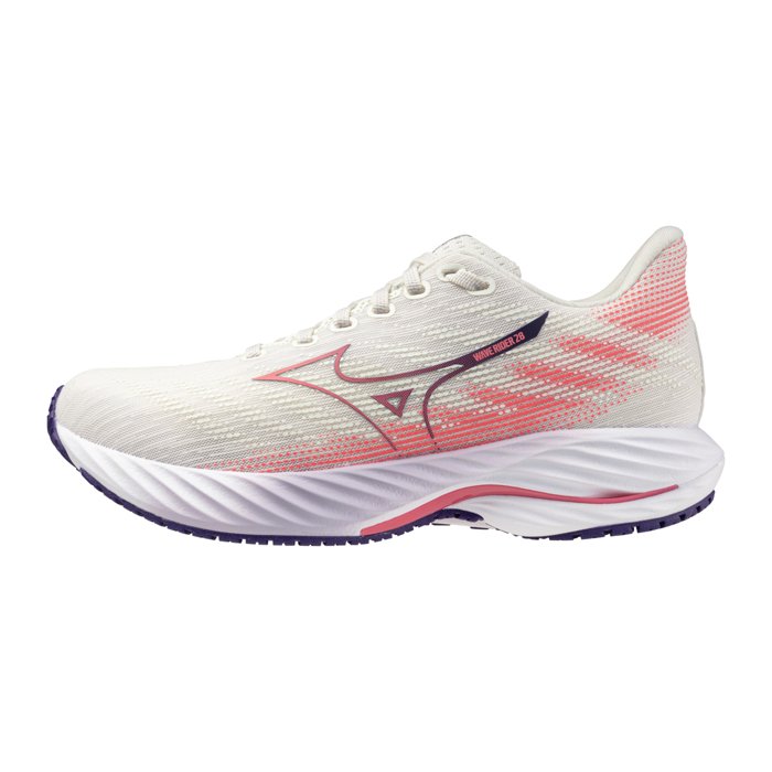 Mizuno Wave Rider 28 - Womens Running Shoes - Snow White/Camellia Rose/Vintage Indigo Blue