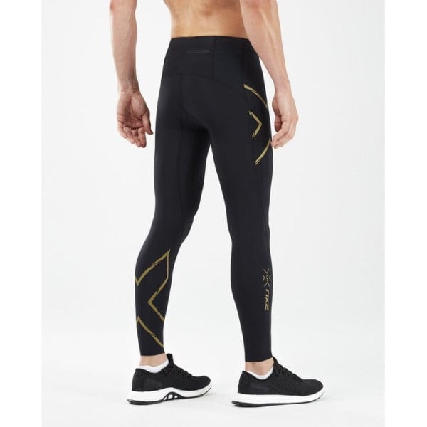 2XU MCS Light Speed Run Mens Compression Tights With Back Storage - Black/Gold Reflective