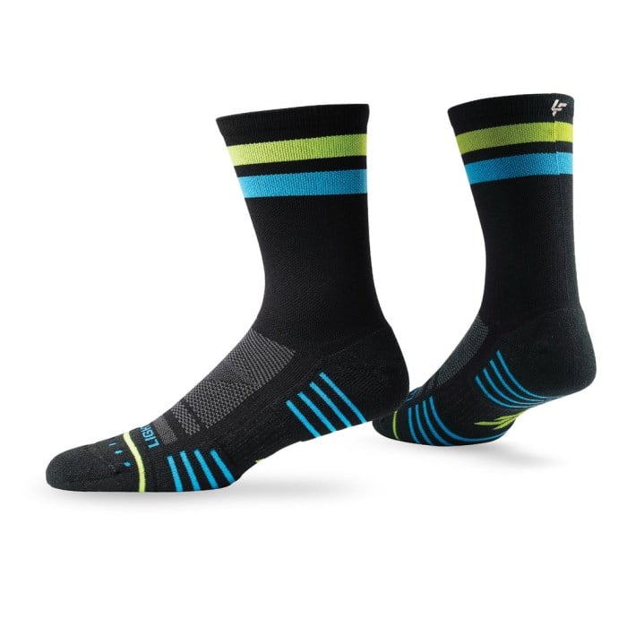Lightfeet Performance 2 Stripes Unisex Crew Running Socks - Black/Yellow/Aqua
