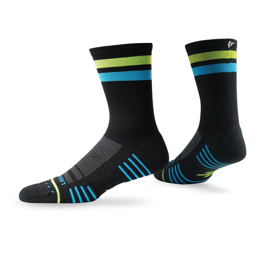 Lightfeet Performance 2 Stripes Unisex Crew Running Socks - Black/Yellow/Aqua