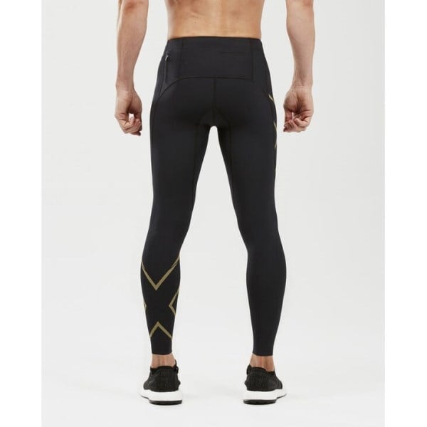 2XU MCS Light Speed Run Mens Compression Tights With Back Storage - Black/Gold Reflective