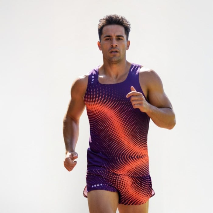 Mens Elite Fireline Indigo Singlet & Shorts - Purple, Orange
